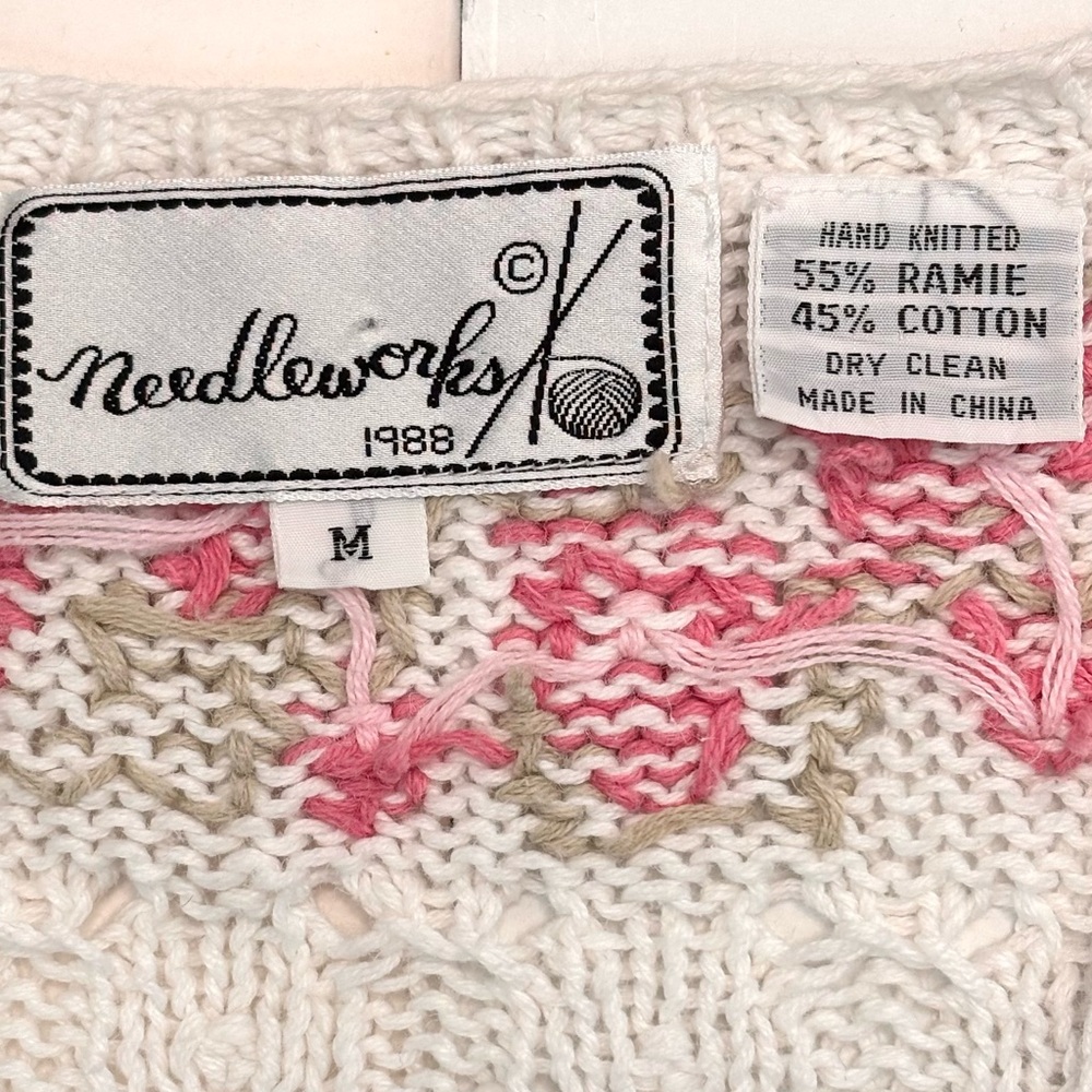 Vintage Cottage-core 80’s White Pink Floral Hand Knit Granny Cardigan Sweater - Picture 4 of 10